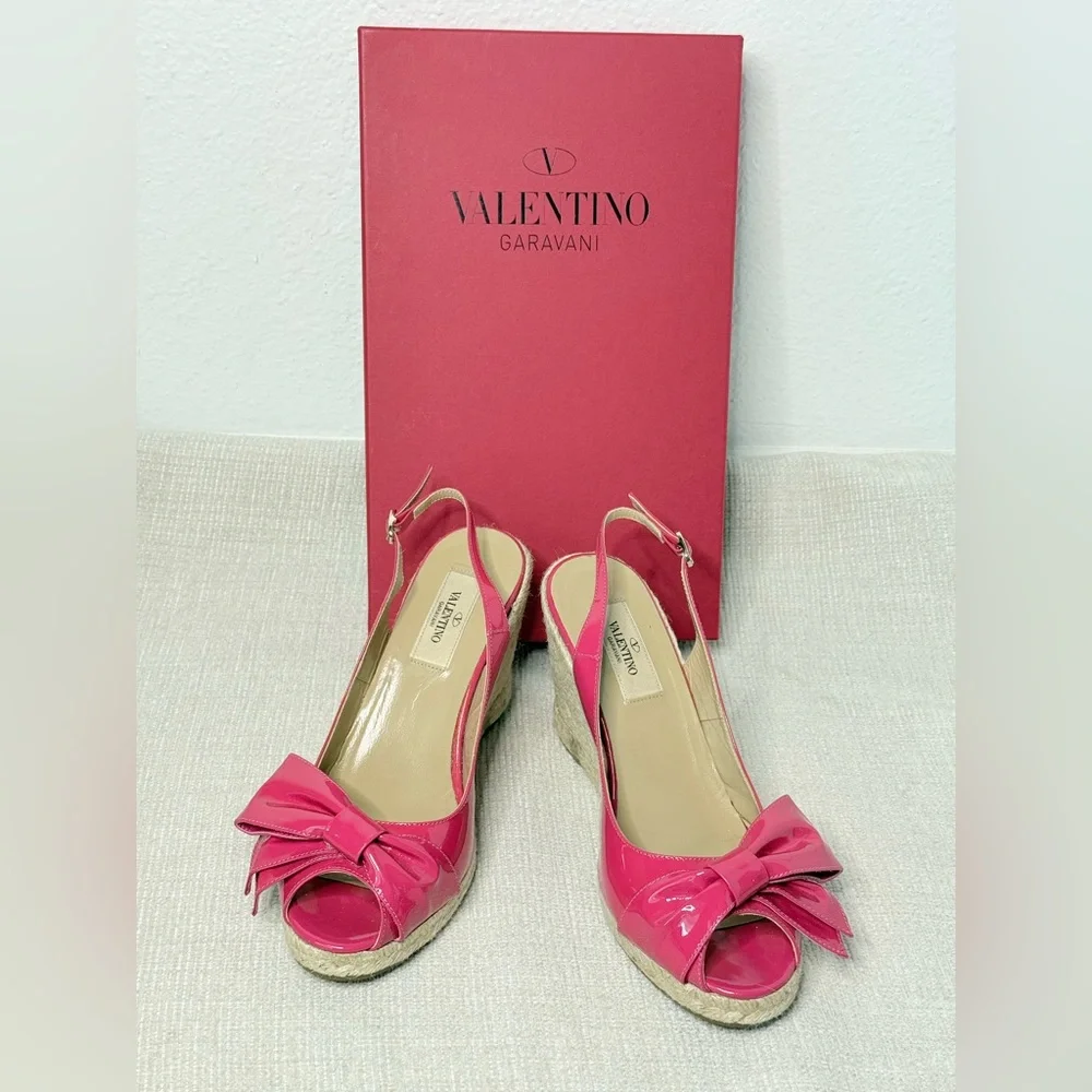 Valentino Garavani Fuchsia Patent Bow Wedge Sandals EU 38 US 8 Box